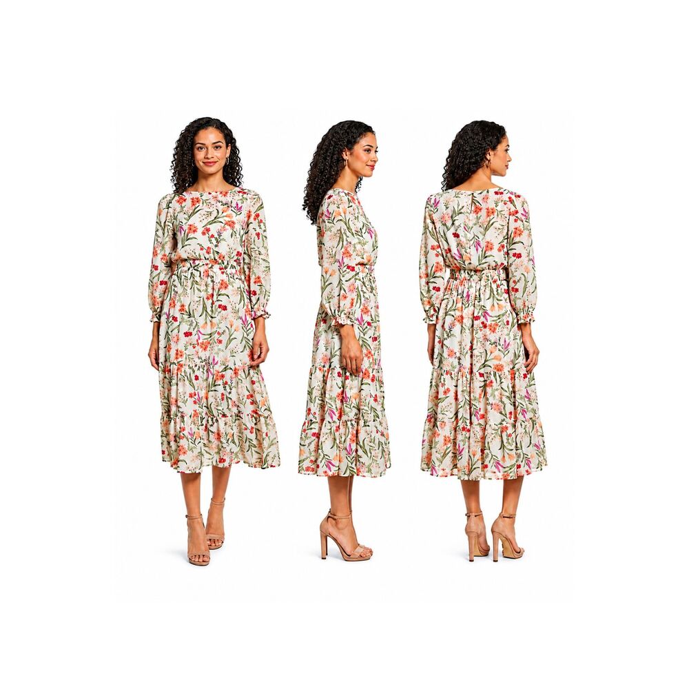 Eliza J Cream Floral Tiered Midi Dress Size 10 LIKE NEW